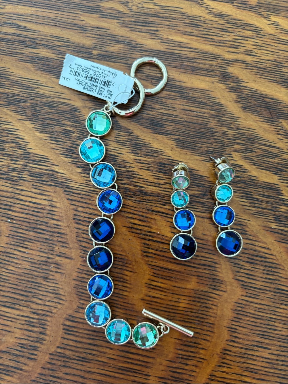 Gold Tone Blue Gradient Crystal Bracelet and Earring Set